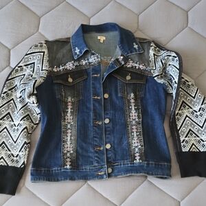 Reba Blue Denim Jacket with Black and White Patterned Sleeves